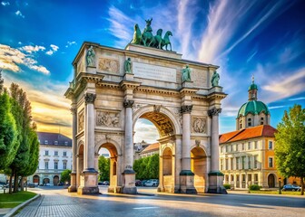 Obraz premium Majestic Siegestor in Munich, Germany: A Stunning Architectural Marvel Framed by Lush Greenery and Clear Blue Skies, Showcasing Classical Design and Historical Significance in Urban Landscape