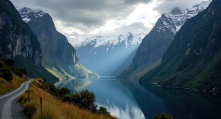 Fototapeta premium Fiordland National Park, New Zealand, tranquil fiord with rugged mountains and misty atmosphere. Captured with Nikon D850 in natural light, showcasing pristine, remote wilderness.