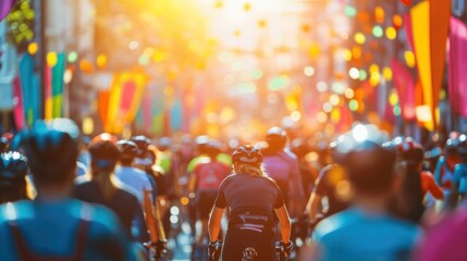 Crowded cycling event with diverse participants, vibrant energy, celebration of cycling culture, colorful banners and festive atmosphere