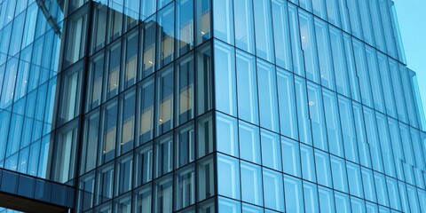 Modern office building with sleek glass facade and angular design, commercial, business district