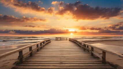 Obraz premium Sunset on a wooden pier on the beach.-