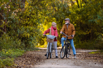 Fototapeta premium Elderly couple on a walk in the forest, pushing their bikes side by side. Seniors in love on stroll through autumn nature, enjoying a peaceful moment together.