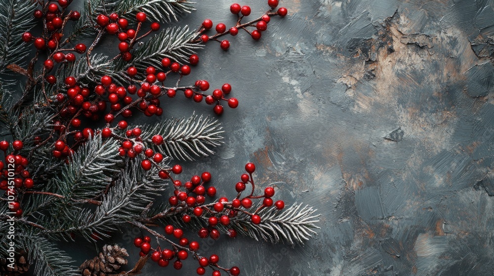 Poster close-up of a pine branch featuring bright red berries, ideal for use in nature-inspired designs or 