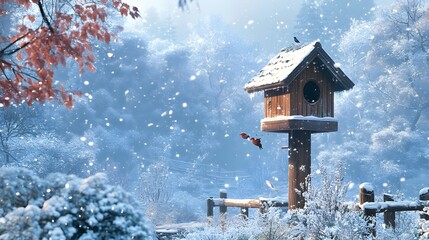 Fototapeta premium A serene winter scene featuring a wooden birdhouse amidst falling snow.