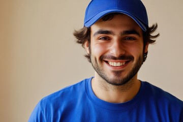 A smiling man wearing a blue hat and blue shirt, suitable for editorial or commercial use