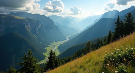 Fototapeta premium The Carpathian Mountains, Romania, misty forested mountains with dramatic cliffs, showcasing the mystical beauty of Romania’s wild landscapes.