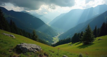 Obraz premium The Carpathian Mountains, Romania, misty forested mountains with dramatic cliffs, showcasing the mystical beauty of Romania’s wild landscapes.