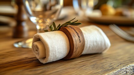A white napkin ring with a wooden ring with the word "Welcome" engraved on it. The napkin is rolled up and decorated with a sprig of greenery.