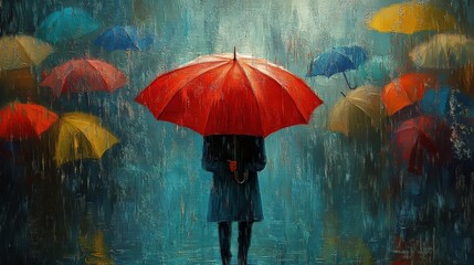 A person stands under a red umbrella in the rain, surrounded by colorful umbrellas in a vibrant, rainy atmosphere.