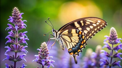 Naklejka premium Minimalist Beauty: Palamedes Swallowtail Butterfly Sipping Nectar from Lyreleaf Sage in a Serene Natural Setting
