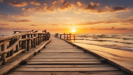 Obraz premium Sunset on a wooden pier on the beach.-