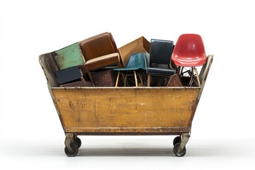 A wooden cart filled with various colored chairs