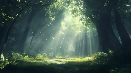 A tranquil forest with sunlight.