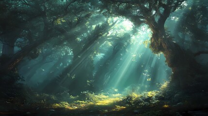 A tranquil forest with sunlight.
