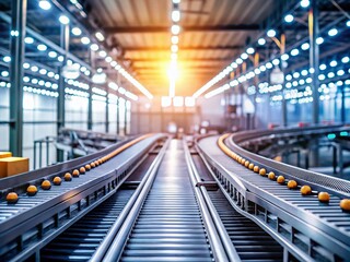 Fototapeta premium Minimalist Graphic of a Network of Conveyor Belts in a Modern Packaging Plant with Bokeh Effect and Soft Focus Background, Showcasing Industrial Automation and Efficiency