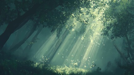 Obraz premium A tranquil forest with sunlight.