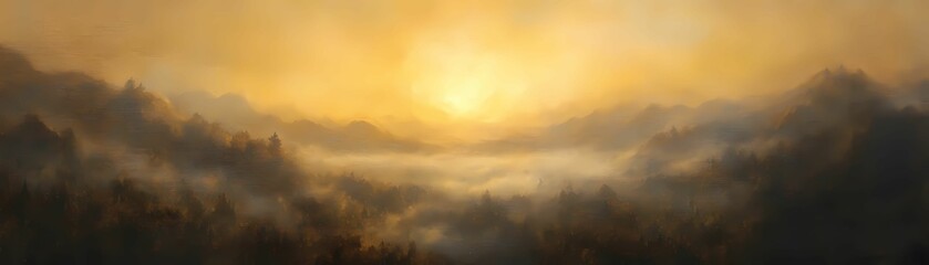 Obraz premium Golden sunrise over a misty mountain.
