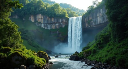 Fototapeta premium Angel Falls, Venezuela, world’s tallest waterfall cascading over green cliffs, capturing the awe-inspiring and untouched beauty of Venezuela’s wilderness.
