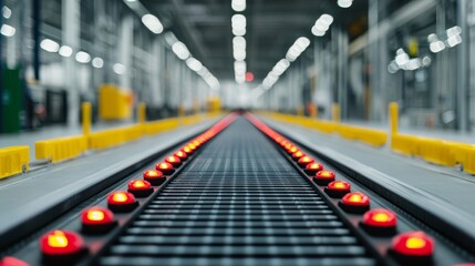 Fototapeta premium Conveyor Belt with Red Lights in Industrial Factory.
