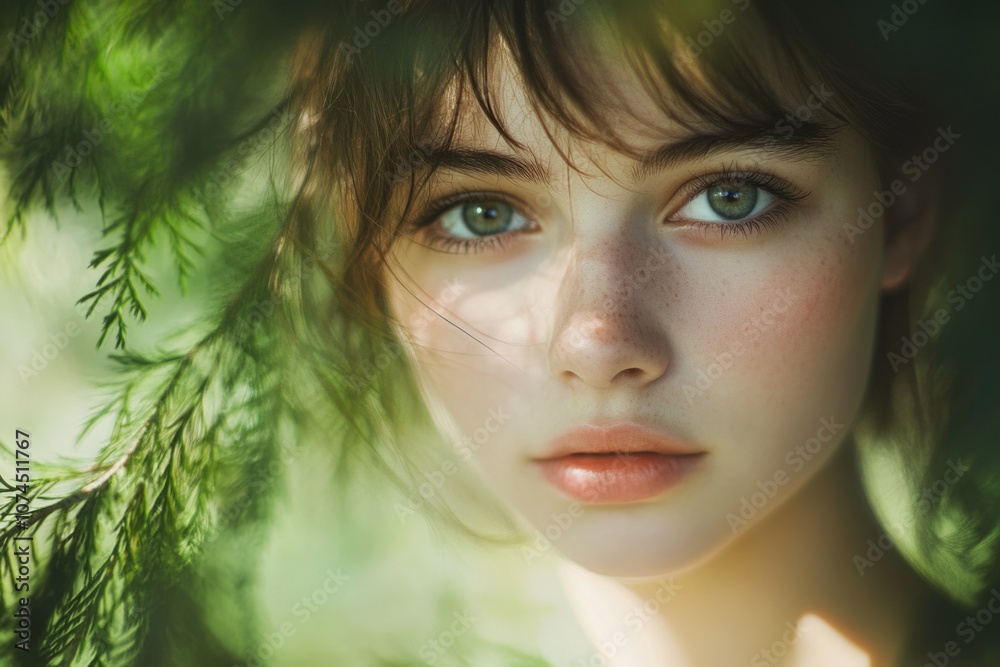 Poster portrait of a woman with a tree visible in the background, suitable for use in nature-inspired desig