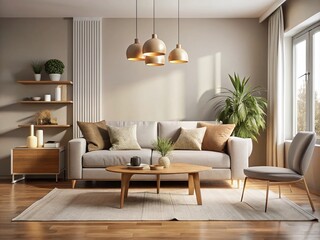 Minimalist Living Room with Modern Furniture, Soft Lighting, and Neutral Tones Creating a Calm and Inviting Atmosphere for Relaxation and Comfort