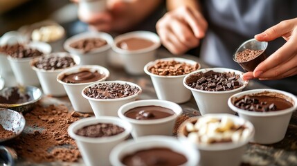 Various chocolate cups with toppings prepared by hands in a kitchen setting.