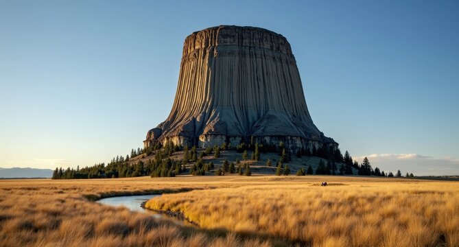 Devil&rsquo;s Tower, Wyoming, USA, towering rock formation against a blue sky, showcasing the rugged beauty and geological uniqueness of Wyoming&rsquo;s landmark.