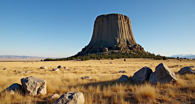 Devil&rsquo;s Tower, Wyoming, USA, towering rock formation against a blue sky, showcasing the rugged beauty and geological uniqueness of Wyoming&rsquo;s landmark.