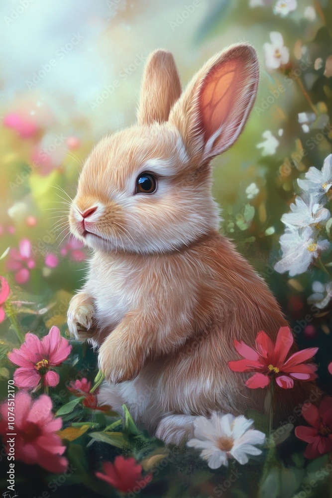 Poster a rabbit is sitting in a beautiful field of colorful flowers