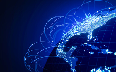 Digital Earth globe cyberspace with data flowing neon light stripe. global network communication technology in modern digital age world, hologram dot particle background with copy space. 3D Rendering