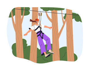 Zipline ride, adventure in forest high ropes park. Woman gliding on zip line, suspended with harness. Outdoor recreation, activity among trees. Flat vector illustration isolated on white background © Good Studio