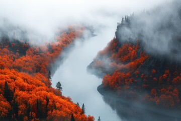 Foggy Riverbank in Autumn: A winding river surrounded by vibrant fall foliage in shades of orange