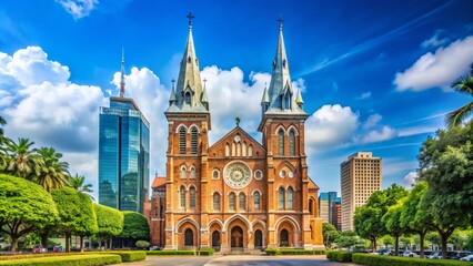 Obraz premium Minimalist Photography of Notre Dame Cathedral in Ho Chi Minh City, Vietnam, Showcasing Architectural Elegance and Cultural Heritage in a Serene Urban Setting