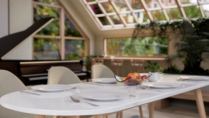 A beautifully set dining table in a contemporary restaurant, with a grand piano in the background.
