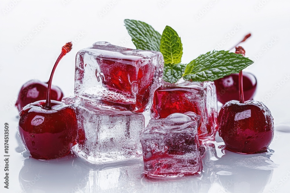 Poster a stack of clear ice cubes topped with juicy red cherries, great for a refreshing summer drink or as