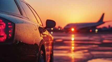 Business Class Experience, Luxury limousine Car and Private Jet on the Runway at evening sunset. Business class shuttle service. Airport transfer