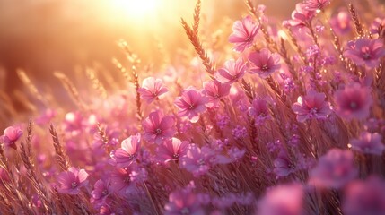 A highly detailed 3D outline of purple wildflowers against a backdrop of golden wheat.