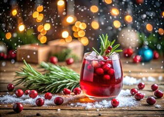 Festive Cranberry Cocktail in Snowy Winter Setting with Rosemary, Holiday Celebration Drink, Seasonal Beverage, Festive Decor, Winter Gathering, Holiday Party Inspiration