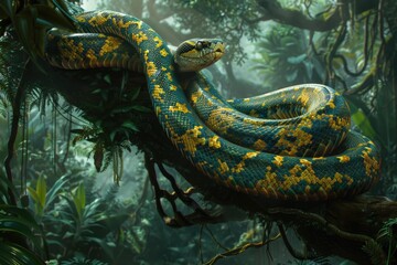 Obraz premium A green and yellow snake resting on a tree branch