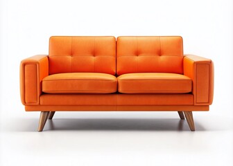 Fototapeta premium Modern Bright Orange Two-Seater Sofa with Square Armrests and Wooden Legs Against an Isolated Background Perfect for Fashion Photography and Interior Design Projects