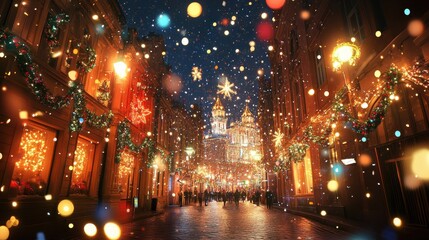 A festive nighttime street adorned with colorful lights and falling snowflakes.