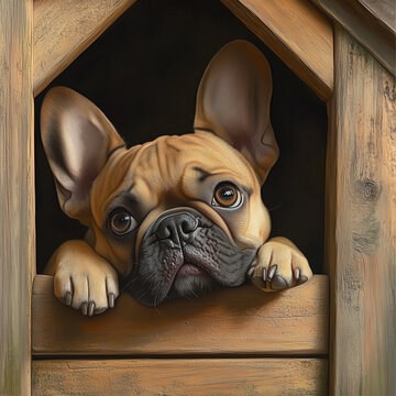 French bulldog with sad eyes peeking out of a kennel, looking thoughtful