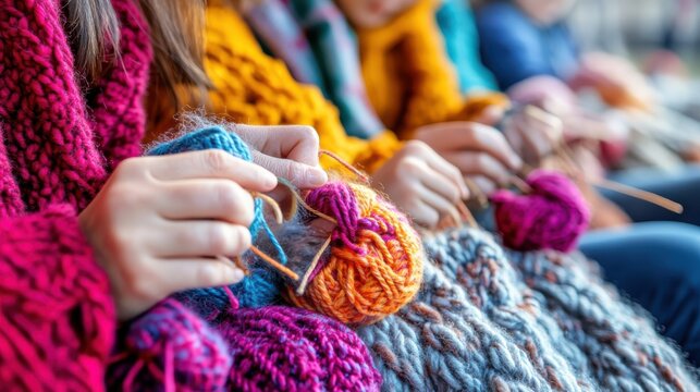 A group of people knitting colorful yarn with vibrant scarves in a cozy setting.