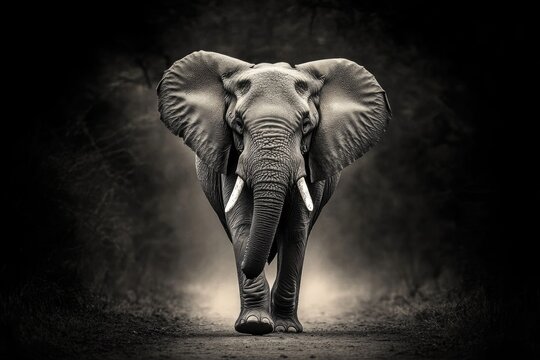 A close-up view of an elephant's face in black and white