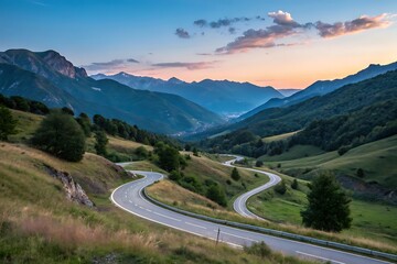 Fototapeta premium Asphalt highway winds through lush green alpine valley, snow-capped peaks pierce the cloudy sky