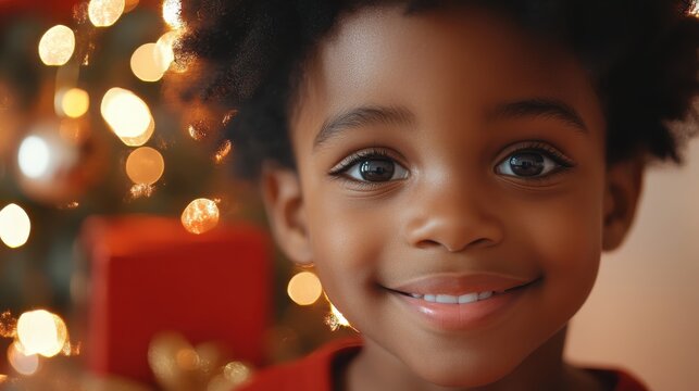A joyful child smiles brightly in front of a festive holiday backdrop.