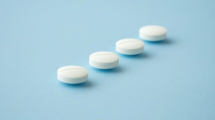 Clean and Minimalist Arrangement of Four White Round Tablets on Soft Blue Background Highlighting Modern Pharmaceutical Aesthetics and Health Care Concepts