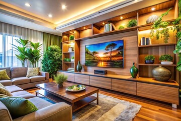 Fototapeta premium Modern Living Room Setup Featuring a Television on a Stylish Wooden Entertainment Center with Decorative Accents, Captured in Stunning Macro Photography