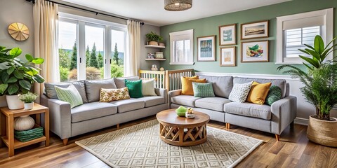 Modern Living Room Featuring a Cozy Sectional Sofa and Stylish Crib, Perfect for Family Gatherings and Contemporary Interior Design Inspiration
