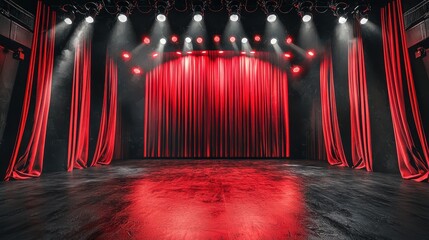 Elegant Theater Stage with Red Drapes and Dramatic Lighting for Performing Arts, Events, and Stage Productions in a Professional Setting
